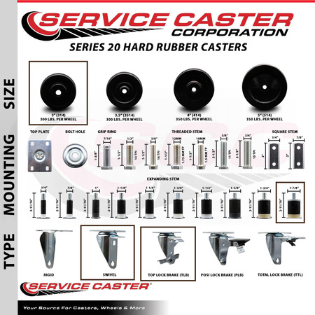 Service Caster 3'' SS Hard Rubber Swivel 1-7/8'' Expanding Stem Caster Set with Brake, 4PK SCC-SSEX20S314-HRS-TLB-178-4